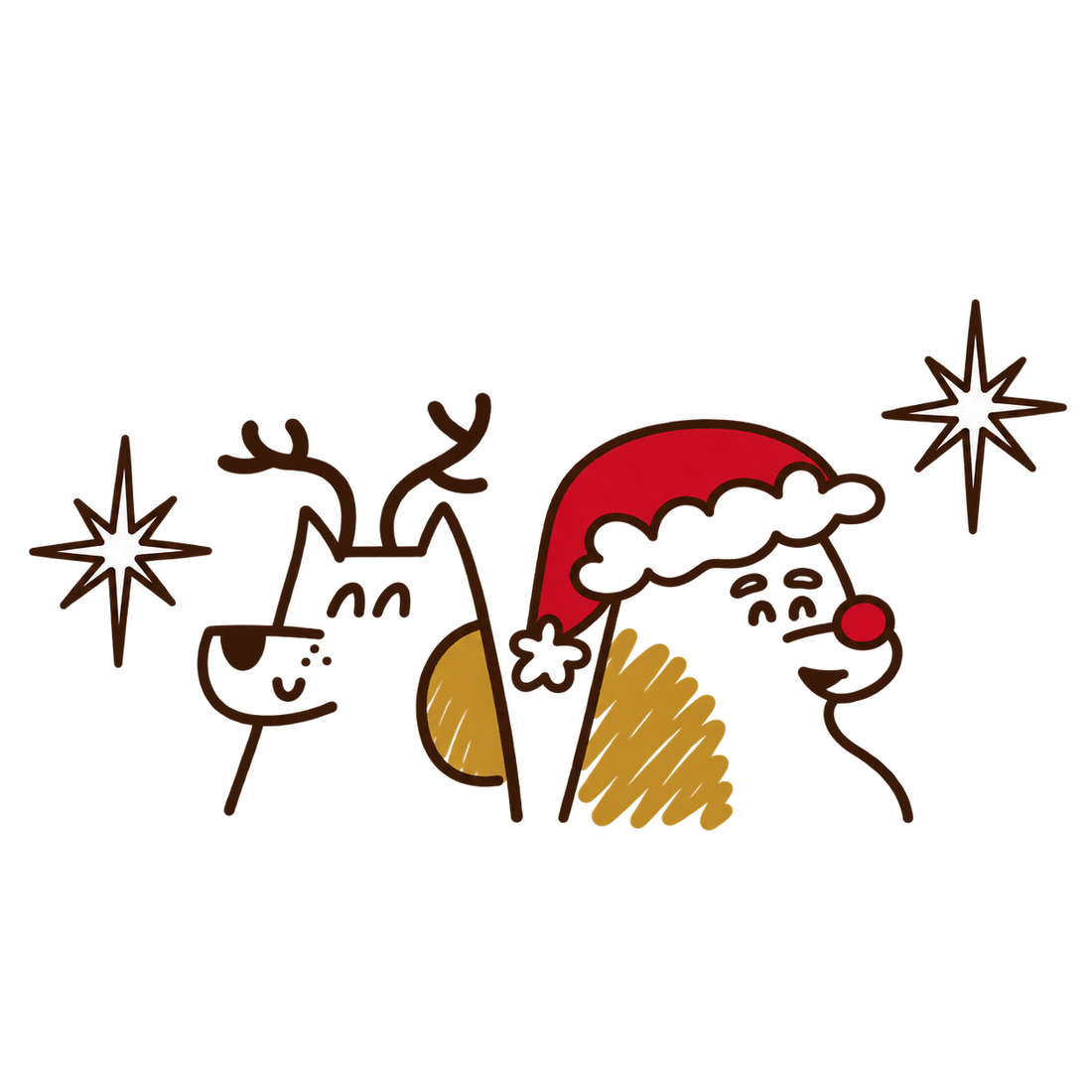 Ilustración de un perro y un gato con gorro navideño y estrellas